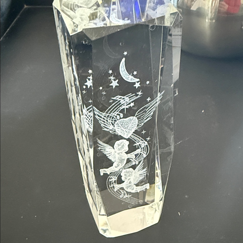 Vintage 3D Laser-Engraved Crystal Obelisk Cherubs, Hearts, Celestial Theme